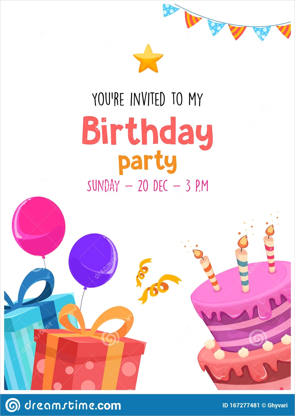 birthday invitation card kids cute template party lettering white background flat vector illustration hand drawn image