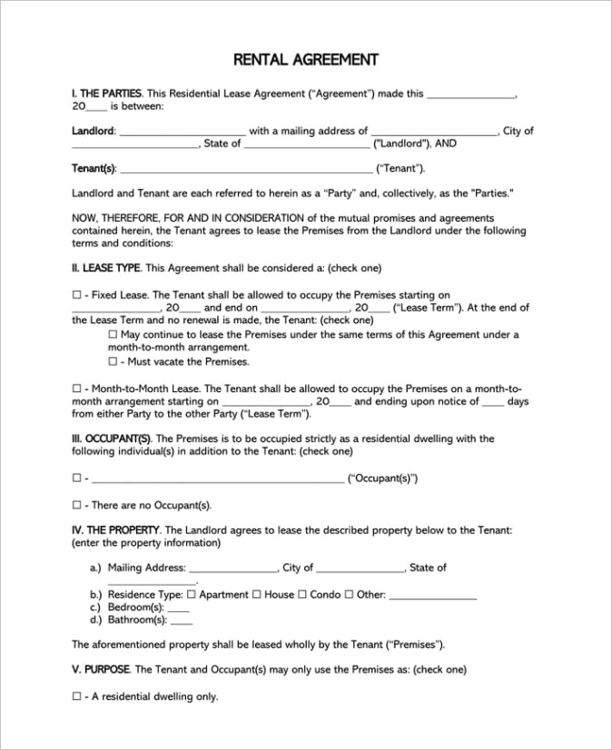 free rental lease agreement templates