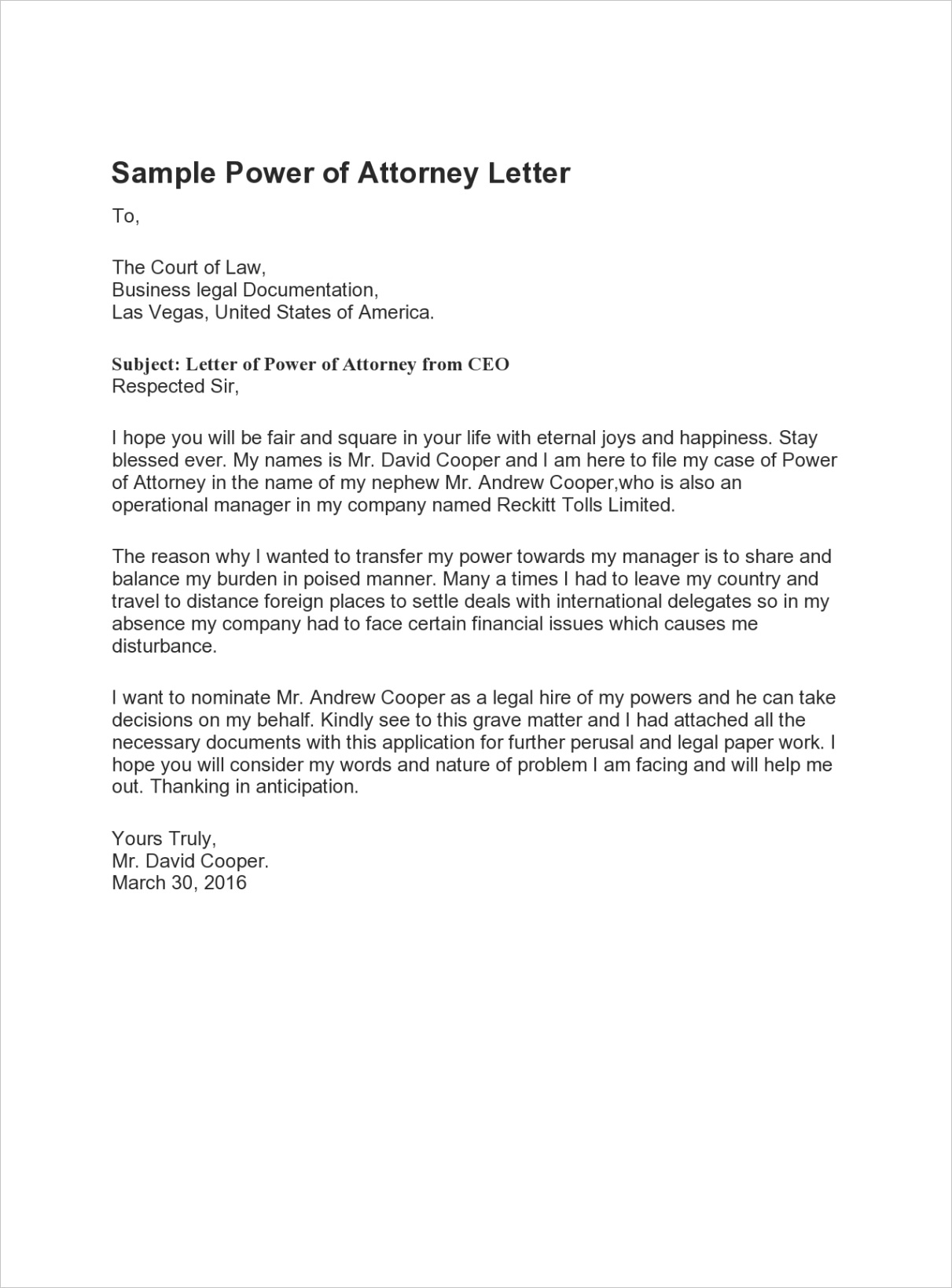 power of attorney letter