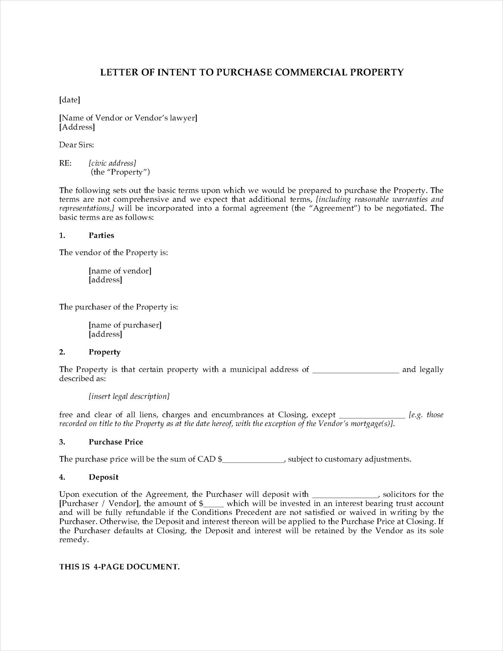 Canada Letter of Intent to Purchase mercial Real Estate Property
