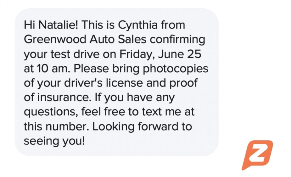 car sales text message templates