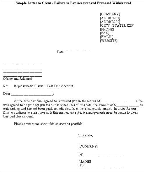 Sample Letter to Client Failure to Pay Account and Proposed Withdrawal 4643ml