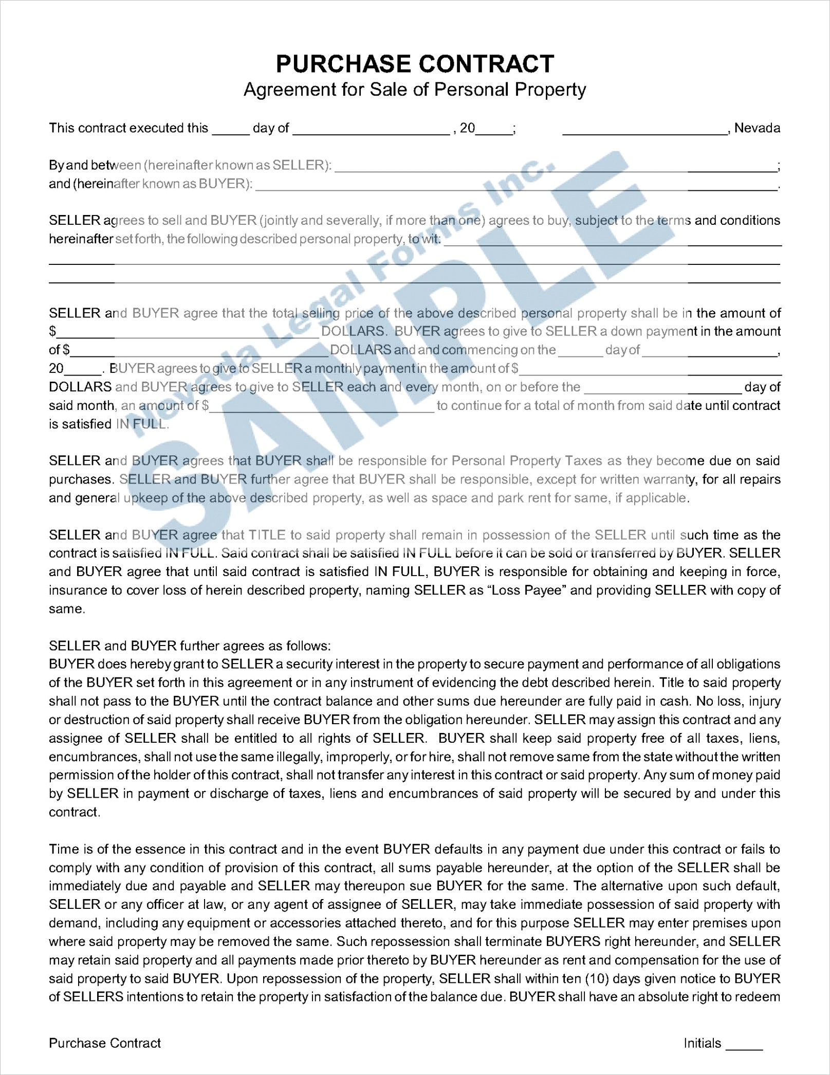 purchase contract agreement for sale of personal property