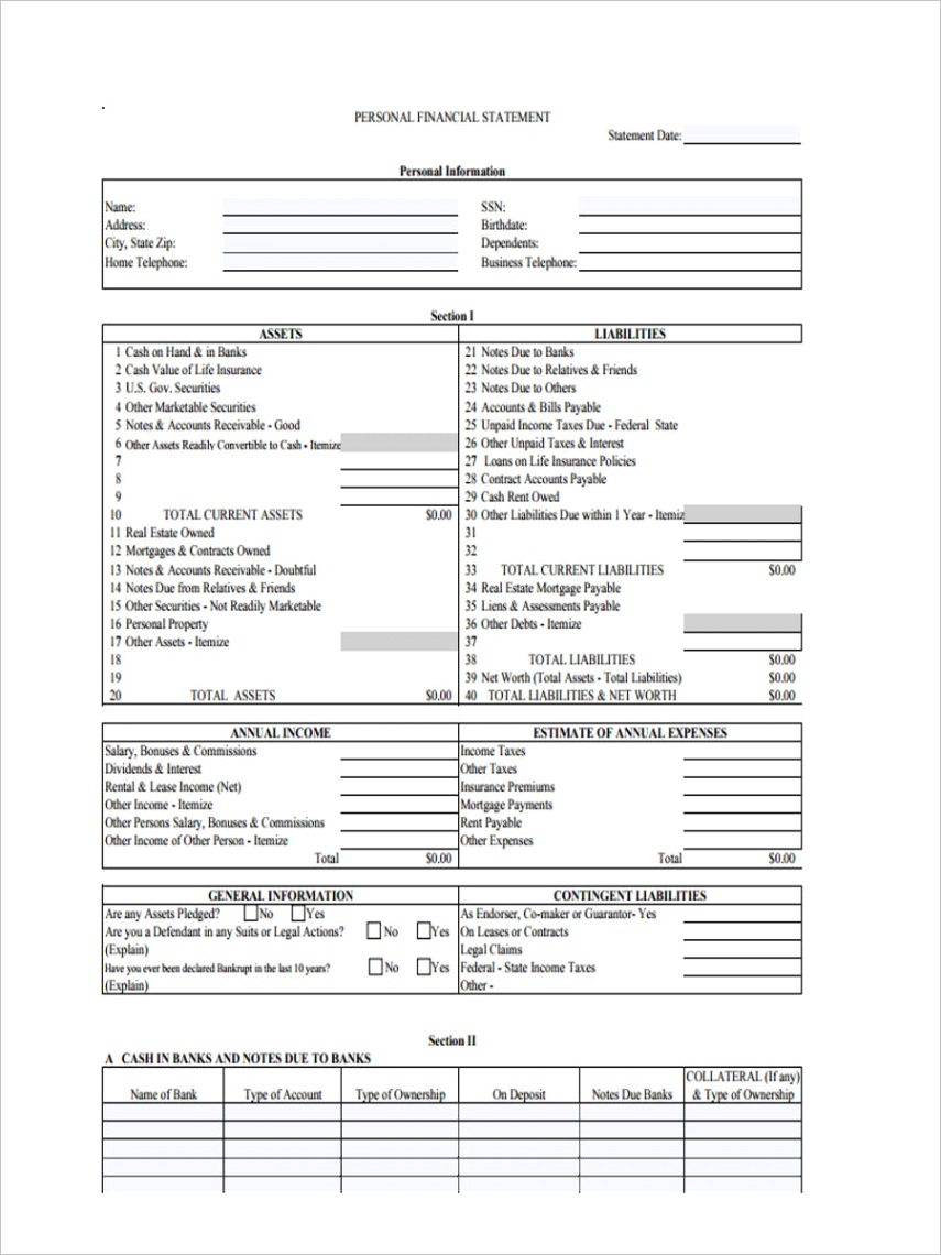 personal financial statement form sampleml