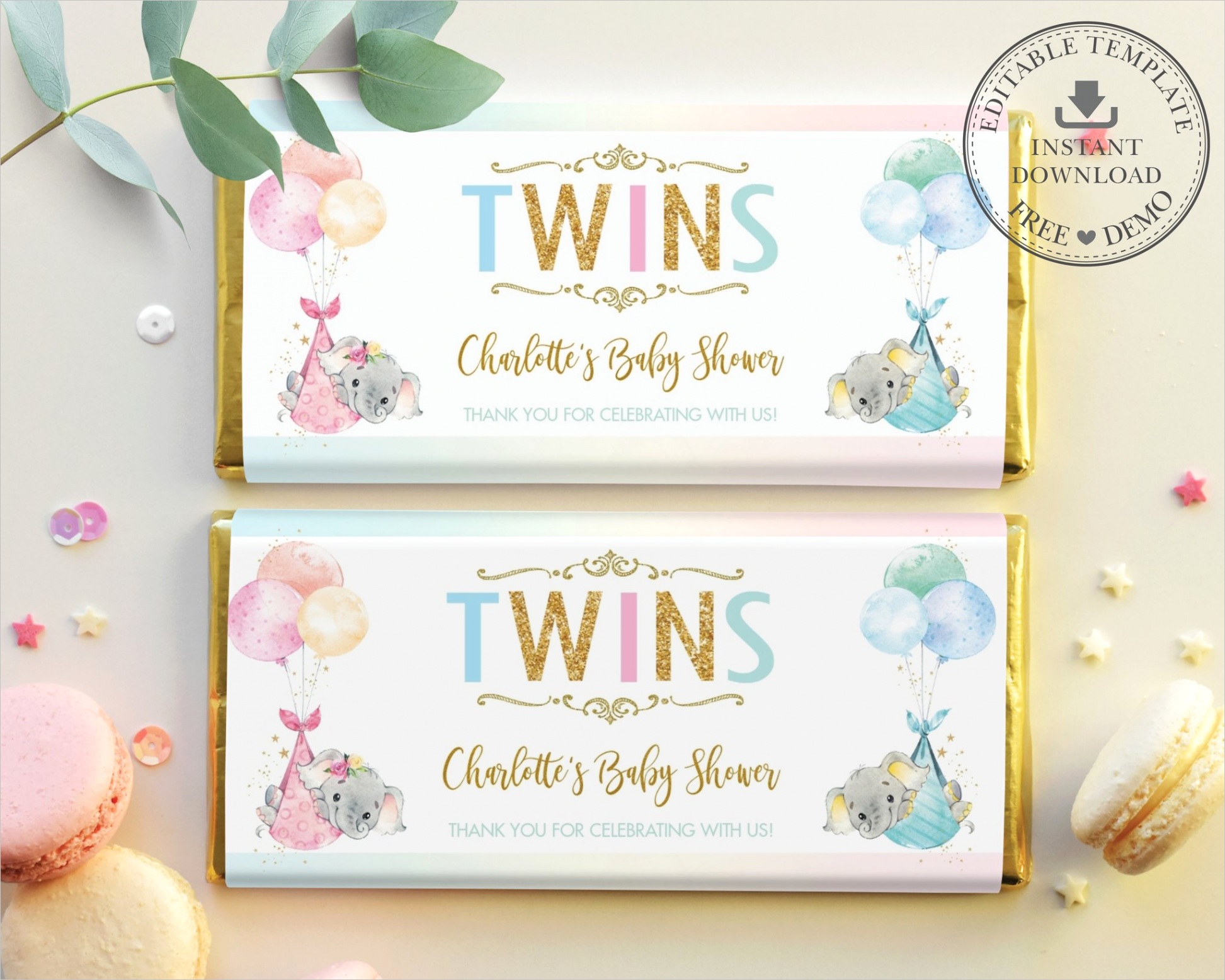 twin boy girl elephant baby shower personalized chocolate bar wrapper editable template digital printable file ep3