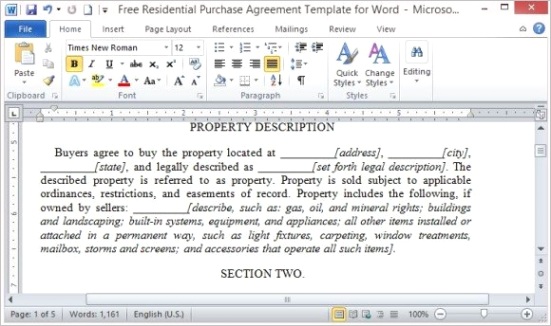 free residential purchase agreement template for word