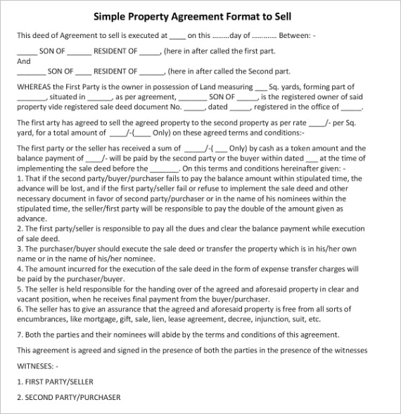 simple property agreement format to sell