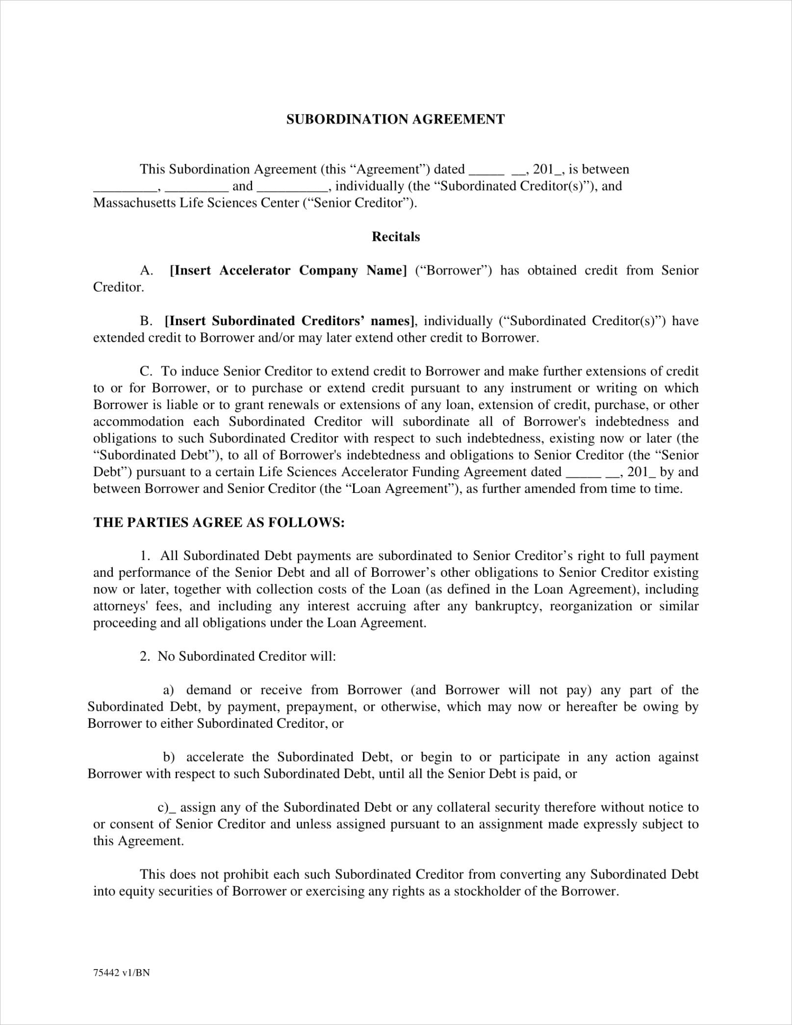 subordination agreement contract formsml