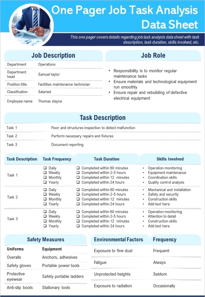 one pager job task analysis data sheet presentation report infographic ppt pdf documentml