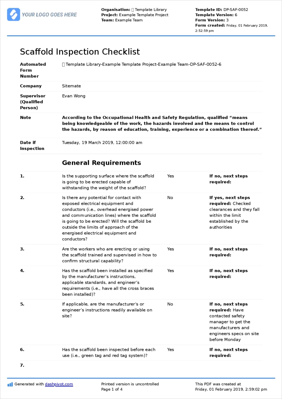 scaffold inspection checklist template