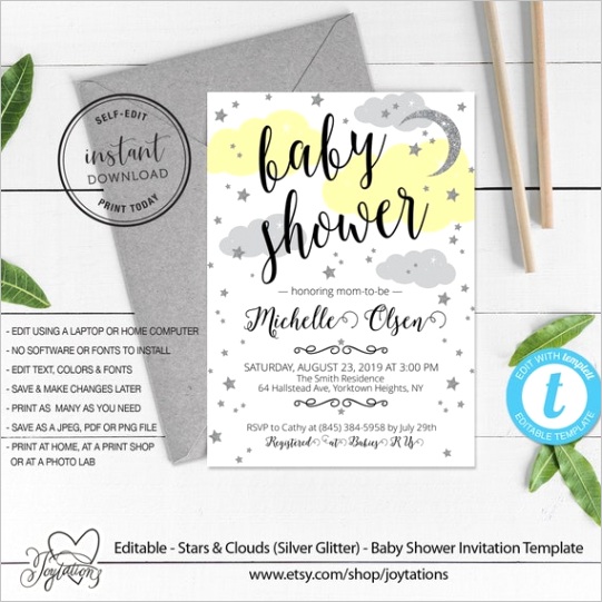 stars and clouds baby shower invitation