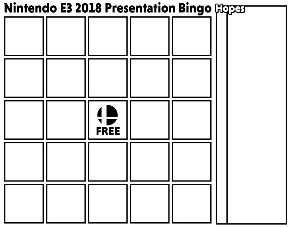 Nintendo E3 Bingo Card Template White