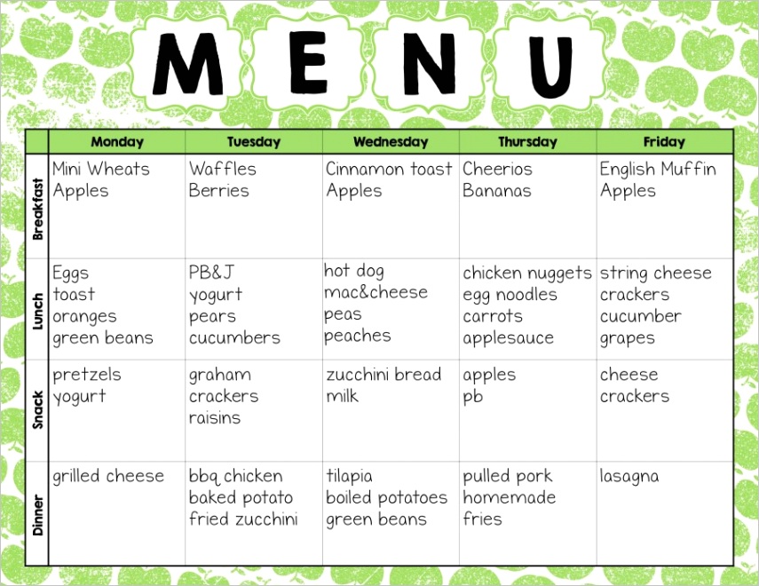 free weekly meal plan menu template for daycare