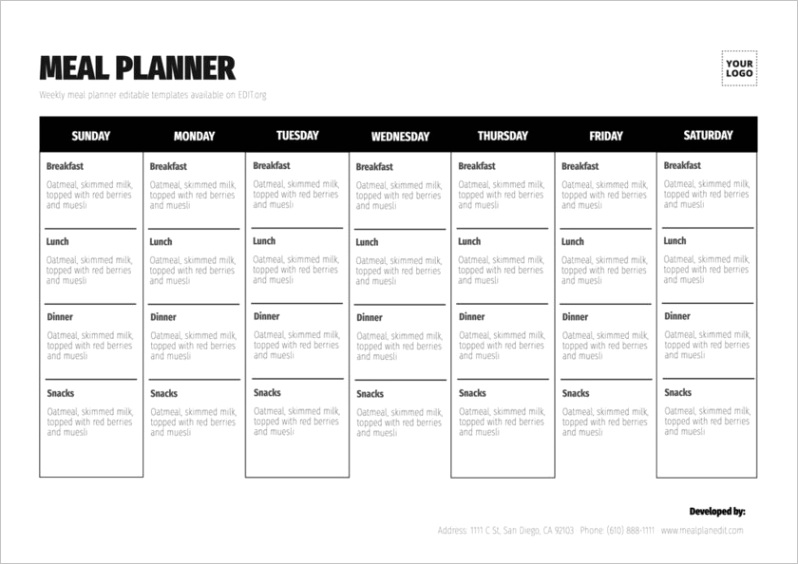 templates weekly meal planners editable