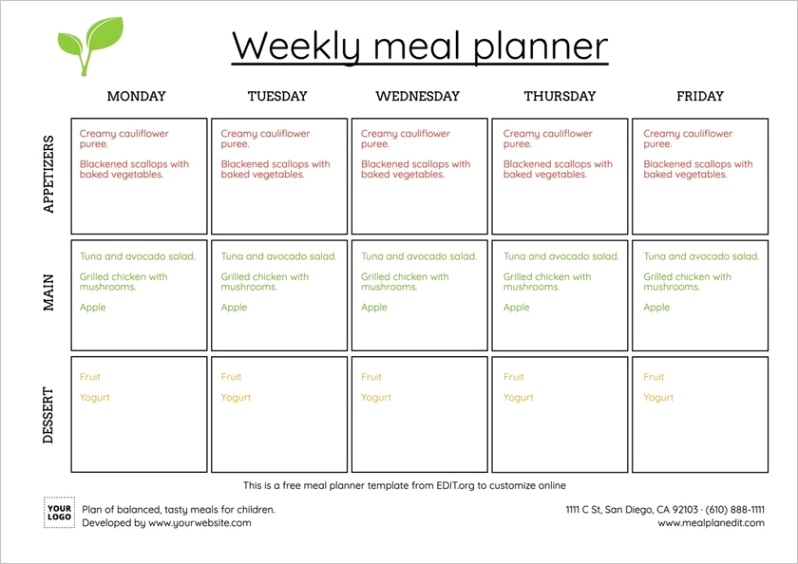 templates weekly meal planners editable