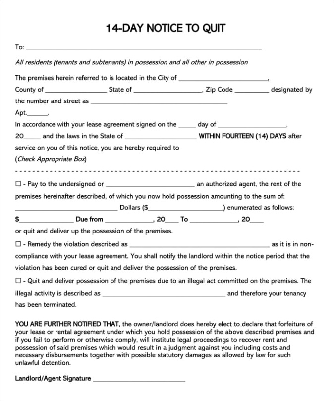 fourteen day eviction notice forms