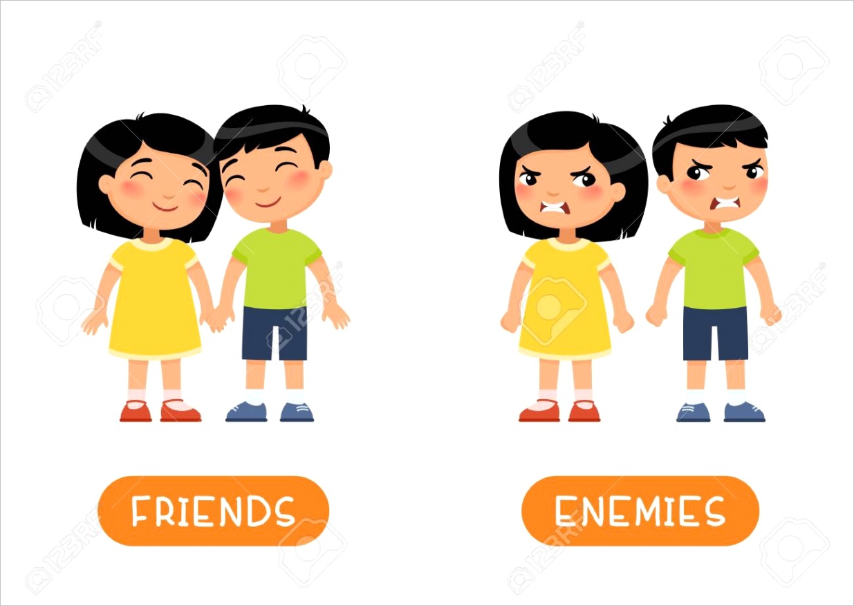 photo friends and enmies antonyms flashcard vector template word card for english language learning with f