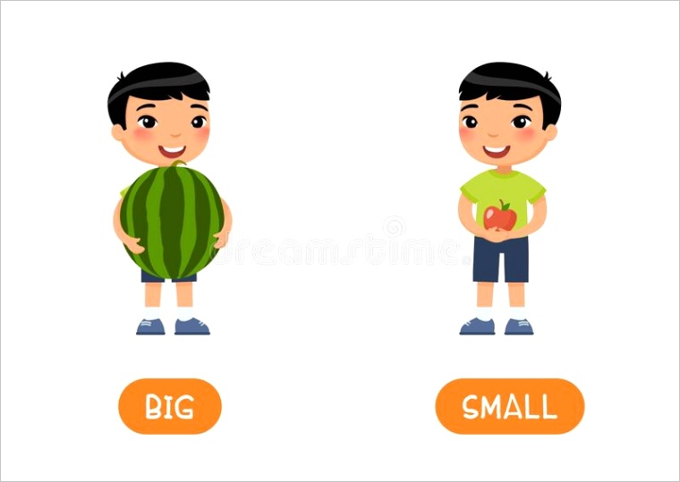 big small antonyms word card vector template flashcard english language learning opposites concept little asian boy hold image