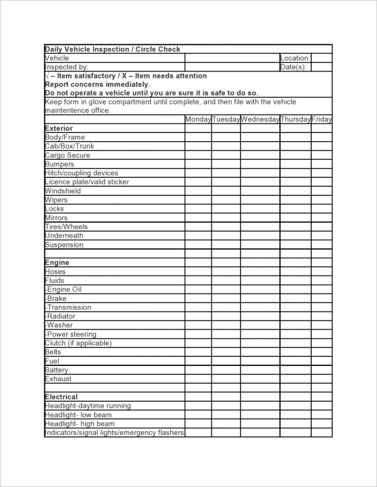 vehicle checklist templates