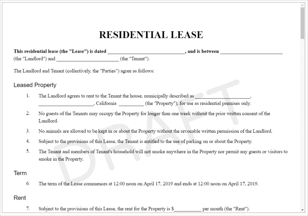 residential lease or month to month rental agreement