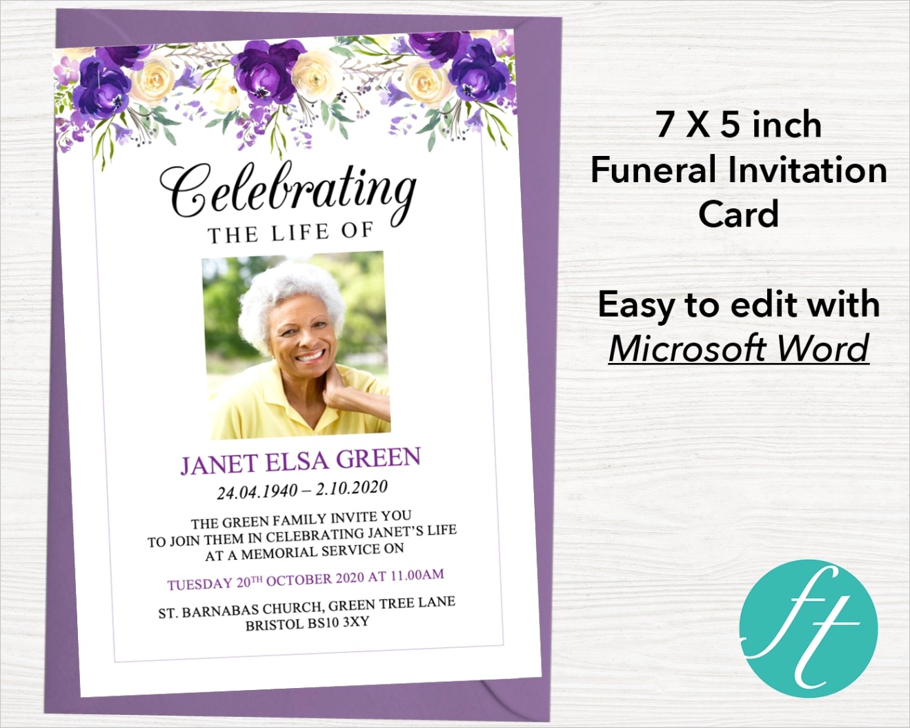 purple bloom funeral invitation card