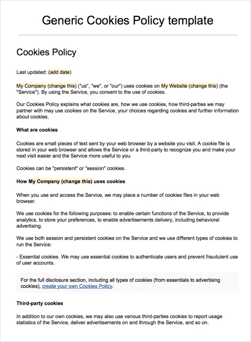 sample cookies policy template