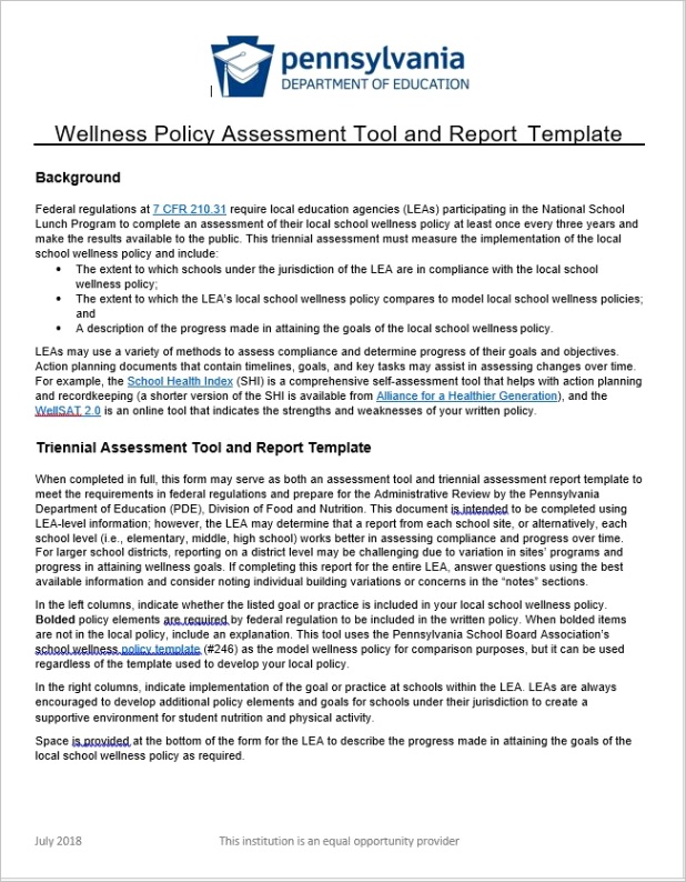 wellness policy assessment tool report template