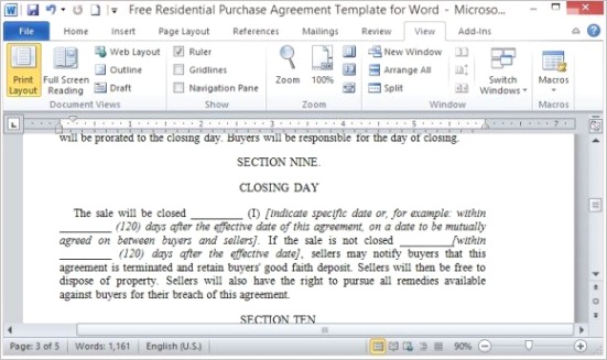 free residential purchase agreement template for word