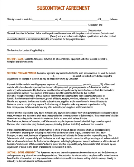 subcontractor agreement templates