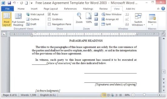 free lease agreement template for word