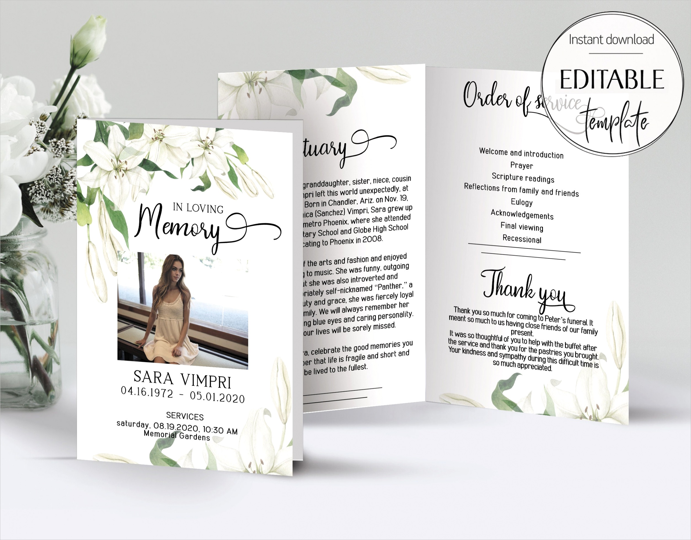white floral funeral program template