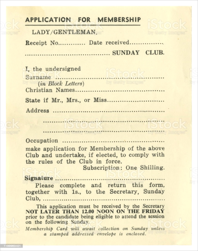 membership application form for a sunday club c1950s gm