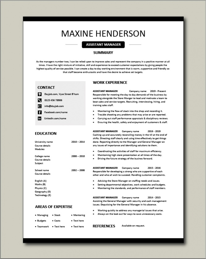 assistant manager resume 928