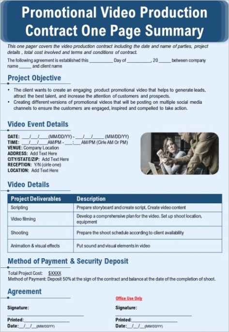 promotional video production contract one page summary presentation report infographic ppt pdf documentml