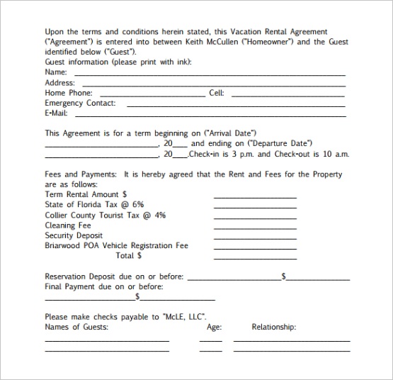 sample vacation rental agreement templateml