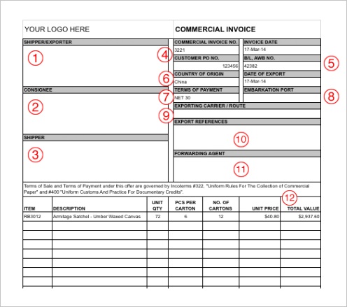 export documents and mercial invoice template