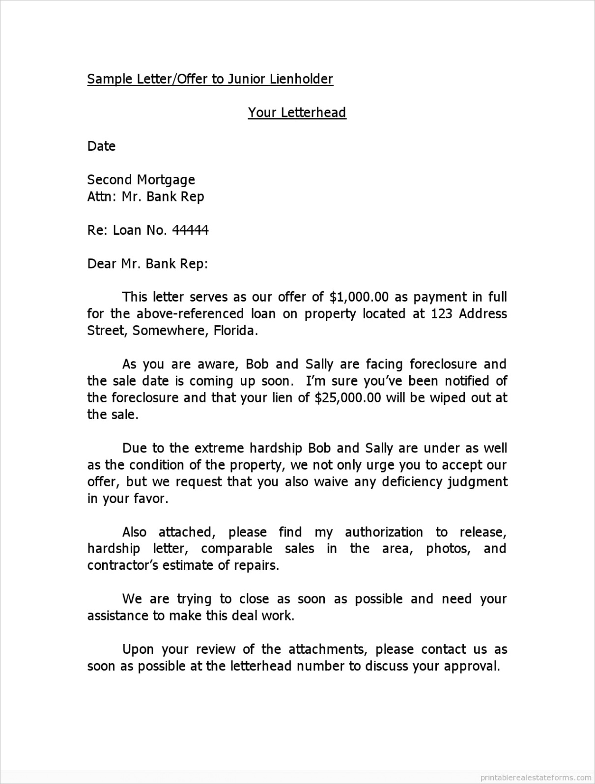 sample letter offer to junior lienholder