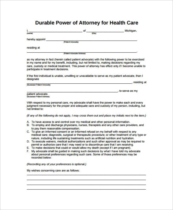sample medical power of attorney forms